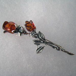 Broche rose double - bijou ambre et argent